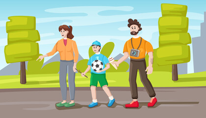 Family weekend concept with parents and children walking cartoon vector illustration