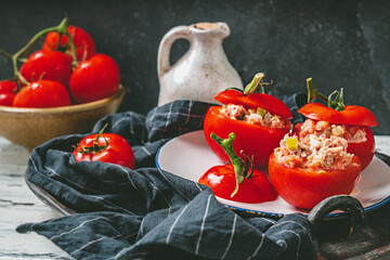 Traditional portuguese snack tomatoes stuffed with canned tuna