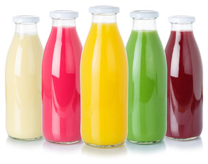 Collection of fruit juice beverages drinks bottle healthy eating isolated on white