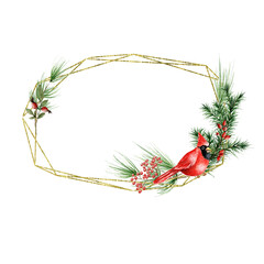 Watercolor christmas gold foliage geometric frame. Winter holidays. Oval frame. Spruce branches, Fir, Holly, Cardinal bird. White background. Wedding invitation, save the date design.
