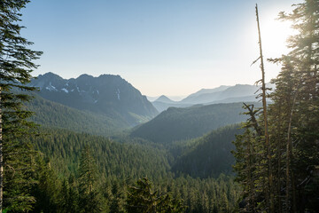 Dusk view of Mt Rainier National Park and the Cascade mountain range in Washington State