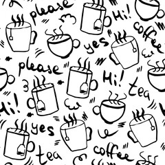 Tea and coffee cup hand drawn pattern. Morning hot drink doodle vector seamless pattern. Monochrome outline illustration for wrapping paper, notebook covering, greeting card for every day