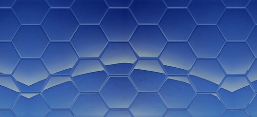 stylized Tuscany landscape clouds and mountains in shades of blue including hexagonal mosaic