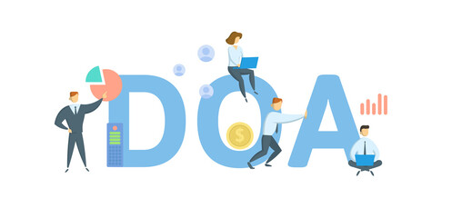 DOA, Delegation of Authority. Concept with keywords, people and icons. Flat vector illustration. Isolated on white background.