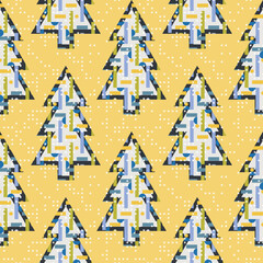 Playful colourful Christmas pattern with Christmas trees with candles and stars on yellow background. Abstract geometric vector for wrapping paper, interior decoration and stationary. 