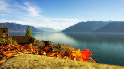 Village of Saint-Saphorin in the famous Lavaux district in Switzerland. Autumn colors, lake, Alps and vibrant blue sky.