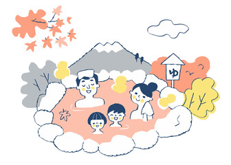 温泉に浸かる4人家族