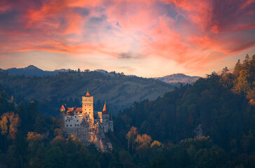 Bran or Dracula Castle in Transylvania, Romania. The castle is located on top of a mountain, - 392103552
