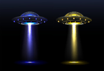 3d UFO, vector alien space ships with light beam of blue and yellow colors. Saucers with bright illumination and vertical ray for abduction, unidentified flying objects, Realistic vector illustration © klyaksun