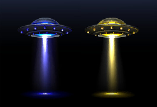 3d UFO, vector alien space ships with light beam of blue and yellow colors. Saucers with bright illumination and vertical ray for abduction, unidentified flying objects, Realistic vector illustration