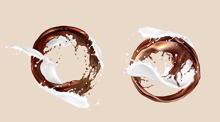 Coffee and milk splashes, chocolate and dairy mix, round whirl streams. White brown liquids swirls with splashing droplets, frames, dynamic element, promo ad design, Realistic 3d vector isolated icons