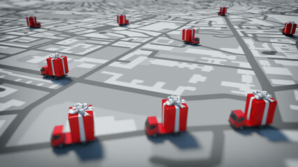 Red trucks with large Christmas gift on a road city map for parcel delivery