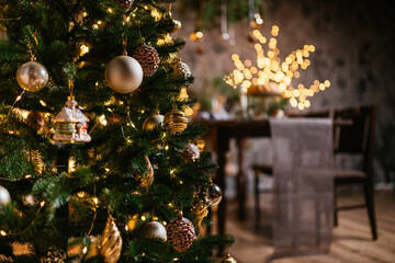 new year cozy home interior with christmas tree and garlands