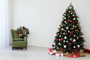 New Year's Eve Christmas tree interior with holiday decor gifts