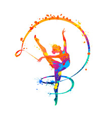 Rhythmic gymnastics girl with ribbon. Vector dancer silhouette of splash paint
