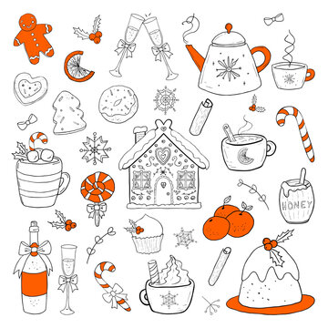 Christmas drinks and sweets doodle set. Holiday food hand drawn outline vector illustration. Cute cookies, gingerbread house, tea mugs, champagne bottle, candies and desserts