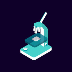 isolated microscope in isometric projection. Study of microbiology, DNA, molecules. Vaccine development