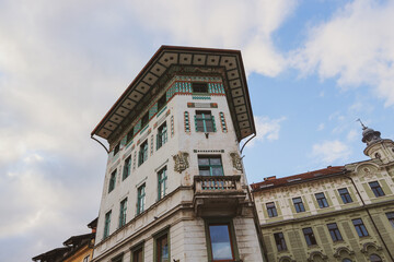 Ljubljana/ Slovenia-October 11th, 2018: Magnificent, colorful Ljubljana city architecture, with diverse ornaments decorating facade walls
