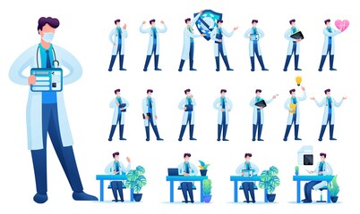 Set of Man doctor. Presentation in various in various poses and actions. 2D Flat character vector illustration N2