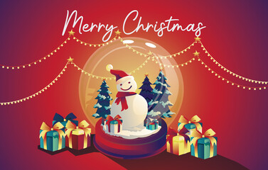 Obraz na płótnie Canvas Christmas and Happy new year characters like Santa Claus, reindeer, and snowman holding gift with Merry Christmas greeting tree in red backgrounds. pine glass ball Full Moon, Vector Illustration 