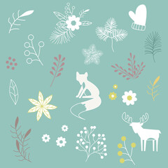 Christmas set of forest, deer, mitten, Christmas tree branches and winter plants in the Scandinavian style. Scandinavian baby design.