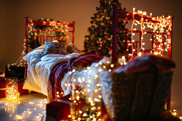 new year cozy home interior with christmas tree and garlands