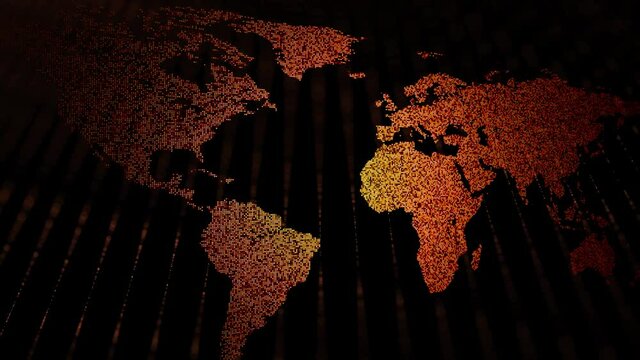 Abstract orange red coloured world map with flashing lights effects on black background. Concept cyber attack animation.