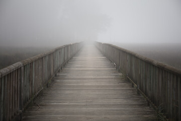 Closeup shot of a bridge on a foggy day