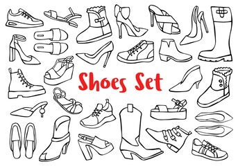 Hand drawn doodle shoes, pumps, boots, sneakers isolated on white background