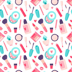 Makeup cosmetics seamless pattern. Foundation, powder, mascara, lipstick, perfume, eyeshadow palette, blush, brushes, lip gloss, pencil, nail polish. Vector illustration.