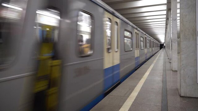 Departing train on underground metro or subway station