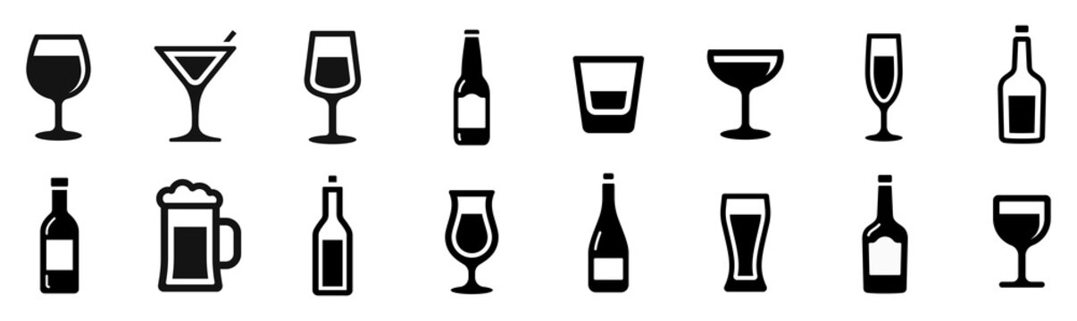 Drink icons set. Drinks glasses and bottles. Vector