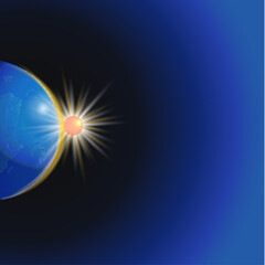 World map shiny sun copy space blue background 