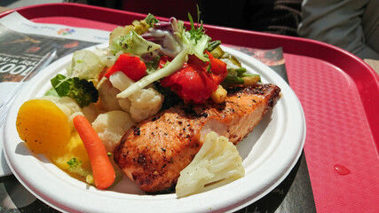 Healthy Fast Food. Juicy Piece Of Grilled Tuna. Boiled Carrots, Cauliflower, Rice, Lettuce And Other Vegetables.