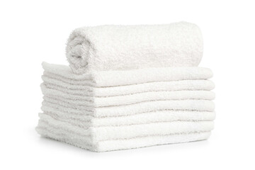 several white beach cotton towels folded on white background