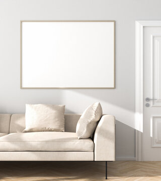 Picture Frame mockup (140x100cm) with sofa, door and hardwood parquet floor. Sunlight.