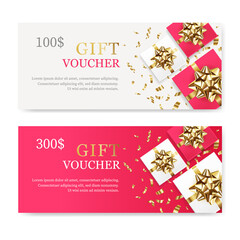 Fototapeta na wymiar Gift Vouchers with red and white boxes, golden bow and confetti. Design template coupon, invitation, certificate, flyer, ticket. Vector illustration.