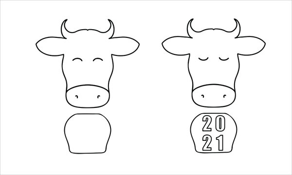 Ox head linear icon with bell in two versions: happy face and sad one. Vector doodle cow character. Logo or poster concept. 2021 Year of white ox zodiac sign. Hand drawn illustration isolated on white