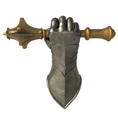 Medieval armor, metal mace in hand. Iron fist .Symbol of knights. 3D rendering