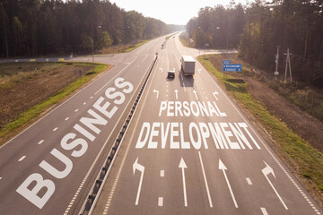 Transport is moving along the road, the text of Business and PERSONAL DEVELOPMENT