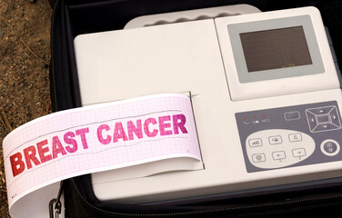 A device for diagnosing the work of the heart. Cardiogram with text - BREAST CANCER
