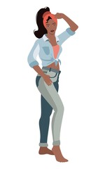 Fashion model standing. Illustrated woman portrait on a white background. Female in a jeans and blue shirt. African woman vector icon isolated. Sexy afro american. Vector flat illustration. 