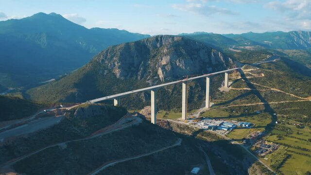 Montenegro. Aerial view of the truss bridge. Drone flying over the Mala Rijeka Viaduct on the Belgrade - Bar railway, surrounded magnificent mountains.
