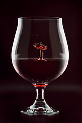 Red wine drop splashing inside glass close up