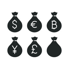 Bags with money sign glyph coin, set of Currency dollar euro, british pound sterling, japanese yen, indian rupee financial and banking infographic Vector illustration Design on white background EPS 10