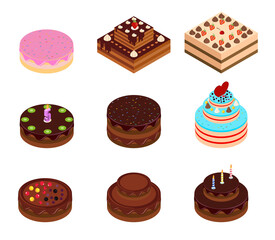 Holiday isometric cakes with decorations.