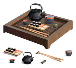 Japanese sushi with soy sauce, wasabi, chopsticks, and green tea on a wooden trivet with a bamboo mat  