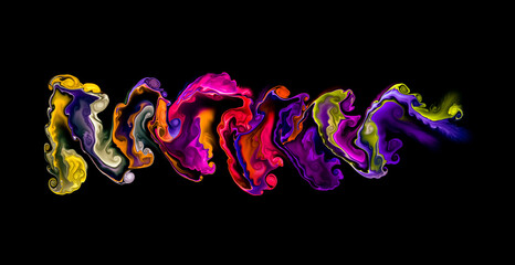 Simulation of fluid texture, liquid paint - colored liquid splash in the form of a sine wave on a black background. Intensive color mix