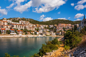 Fototapeta na wymiar NEUM, BOSNIA AND HERZEGOVINA, a seaside resort on the Adriatic Sea, is the only coastal access in Bosnia and Herzegovina. Long exposure picture, september 2020