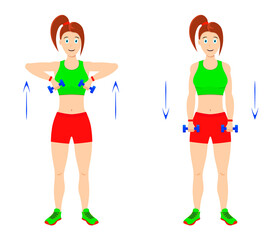 Exercise at home. Young curvy girl doing exercises with dumbbells for arm muscles.